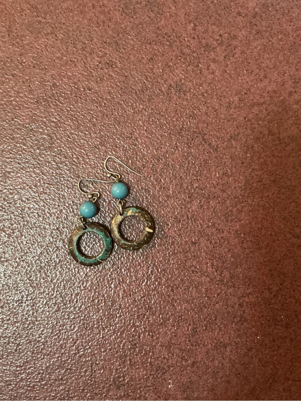 Textured wooden circle Drop Earrings with Turquoise Bead